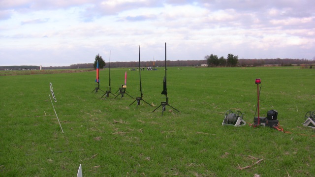 Rack half stacked with rockets ready to fly